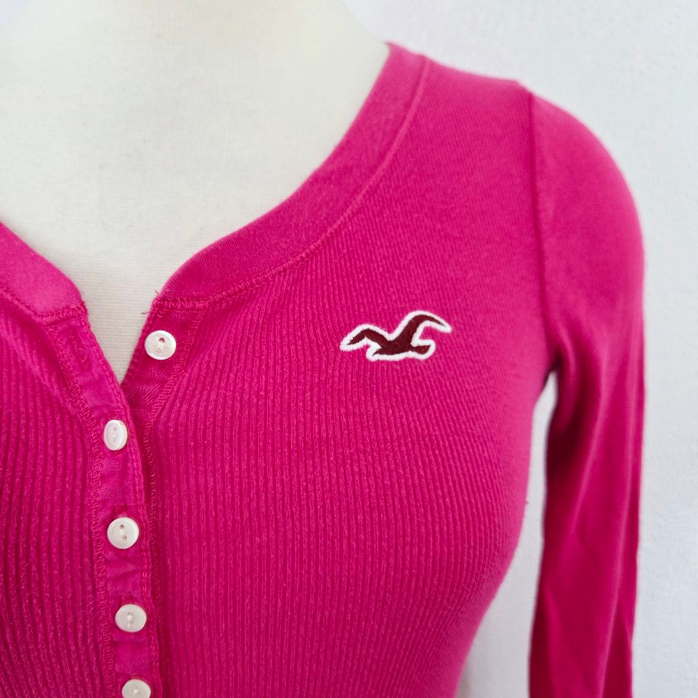 Vintage Y2K Hollister henley top magenta pink ribbed 3/4 sleeve logo 2000s Small - Picture 3 of 6